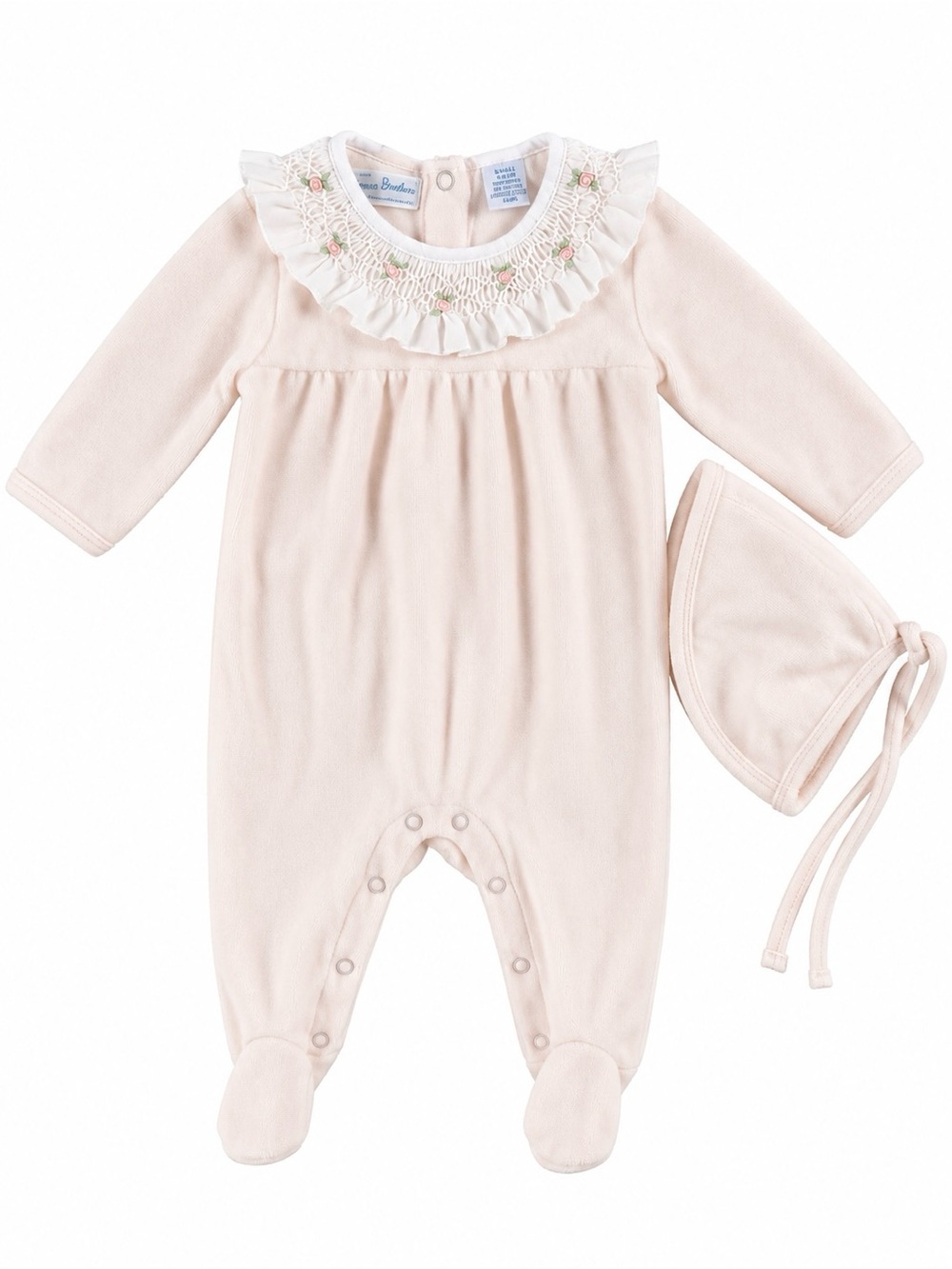 Feltman Brothers Baby Pink Velour Footed Romper & Bonnet Set 6-9M NWT